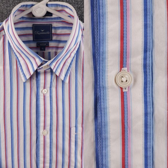 Faconnable Blue Red Pink XL Cotton Club Striped Point French Button Up Pocket - Picture 1 of 16